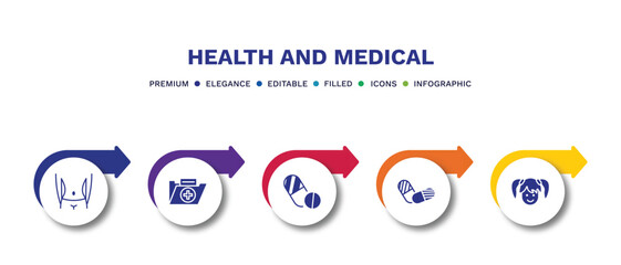 set of health and medical filled icons. health and medical filled icons with infographic template.flat icons such as body, medical file, contraceptive pills, pills, girl vector.