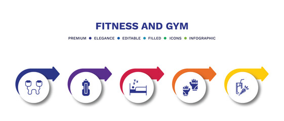 set of fitness and gym filled icons. fitness and gym filled icons with infographic template.flat icons such as resistance band, hydratation, sleep, fitness gloves, vegetables juice vector.