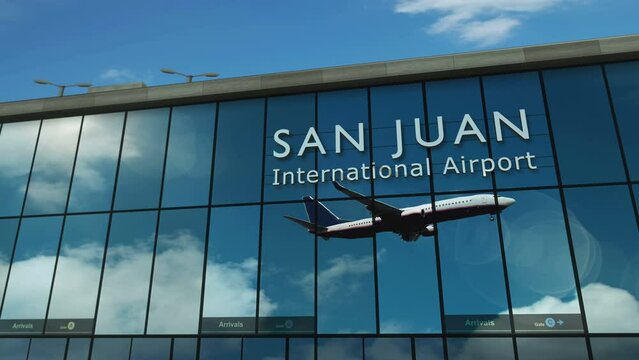 Plane landing at San Juan, Puerto Rico 3D. Arrival in the city with the glass airport terminal and reflection of the jet aircraft. Travel, business, tourism and transport 3D concept.