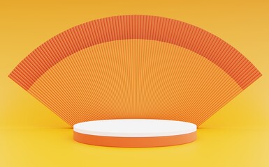 Orange and white cylindrical plinth The orange background curves like a fan. For displaying products, fashion, cosmetics, advertising stands, 3D Renders.