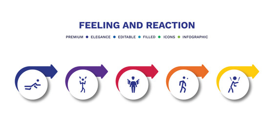 set of feeling and reaction filled icons. feeling and reaction filled icons with infographic template.flat icons such as down human, aggravated human, fantastic human, anxious rough vector.
