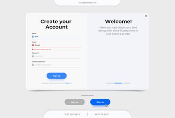 Sign Up page form template. Account registration form. Frame for inserting a photo or illustration. Website user interface concept.