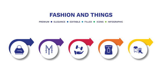 set of fashion and things filled icons. fashion and things filled icons with infographic template.flat icons such as fashion bag, suspenders, wellness coach, neck gaiter, boot for women vector.