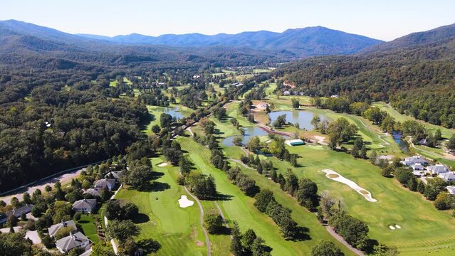 Aerial Flyover The Greenbrier Golf Courses in White Sulphur Springs, WV during summer.