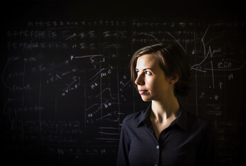 Female math teacher in front of a blackboard full of formulas. Generative AI 