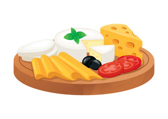 Various types of cheese on a wooden cutting board vector illustration. Cheese platter with camembert, emmental, mozzarella and sliced cheese icon isolated on a white background. Cheese board drawing