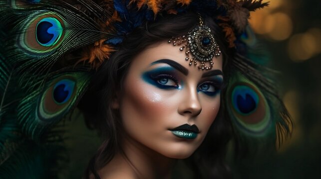 Girl with peacock make-up. Generative AI