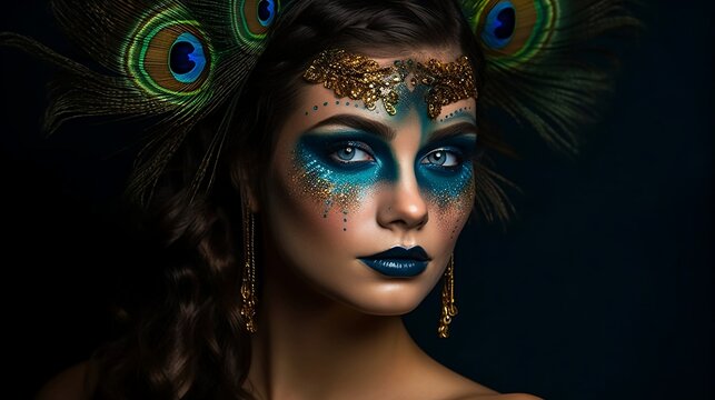 Girl with peacock make-up. Generative AI