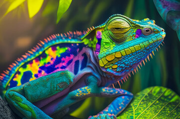 Colorful chameleon, exotic wild lizard or reptile. Generative AI