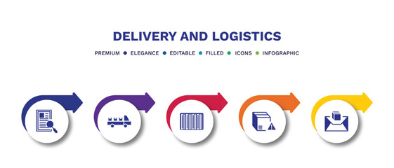 set of delivery and logistics filled icons. delivery and logistics filled icons with infographic template.flat icons such as waybill, cargo, bar code, delivery warning, air mail vector.