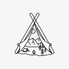 line art adventure icon logo design, mountain and tents illustration design