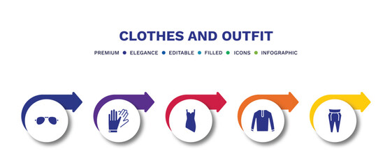 set of clothes and outfit filled icons. clothes and outfit filled icons with infographic template.flat icons such as pilot sunglasses, leather gloves, cocktail dress, nylon jacket, pegged pants