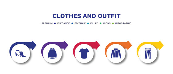 set of clothes and outfit filled icons. clothes and outfit filled icons with infographic template.flat icons such as ankle boots, circle skirt, cotton polo shirt, hooded jacket, oxford wave suit