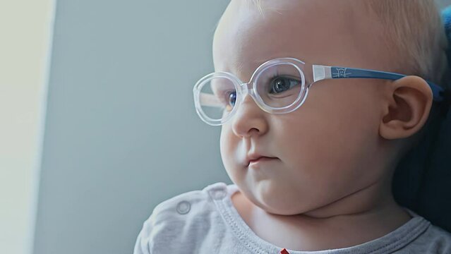 One year old baby with glasses is watching TV. Caucasian child girl has an eye disease, strabismus. White infant kid has poor eyesight. Closeup, portrait