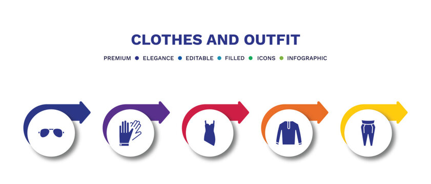 Set Of Clothes And Outfit Filled Icons. Clothes And Outfit Filled Icons With Infographic Template.flat Icons Such As Pilot Sunglasses, Leather Gloves, Cocktail Dress, Nylon Jacket, Pegged Pants