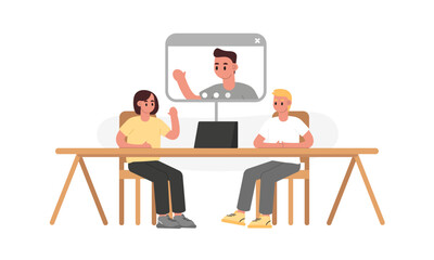 Distance meetings concept. Colleagues talking online with boss on tablet vector