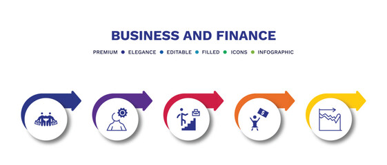set of business and finance filled icons. business and finance filled icons with infographic template.flat icons such as work parteners, man with solutions, professional advance, woman with dollar