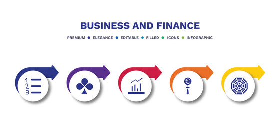 set of business and finance filled icons. business and finance filled icons with infographic template.flat icons such as numbered information, club card, marketing chart, euro under magnifier,