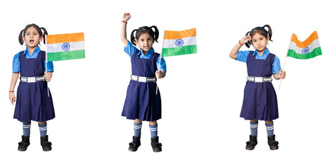 Full length collage of cute little girl kid wearing school uniform holding indian flag in hand with different gestures and facial expression isolated over white background. Independence day concept. 
