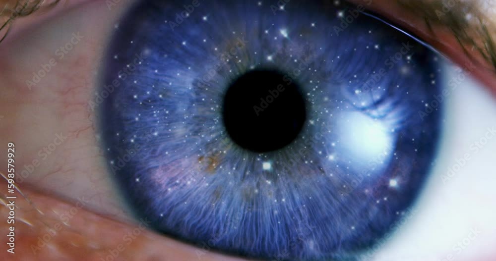 Wall mural vfx transition: camera moving through extreme close-up of eye into animation of beautiful universe i
