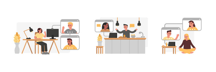 Set of illustrations with characters having video call with friends and colleagues