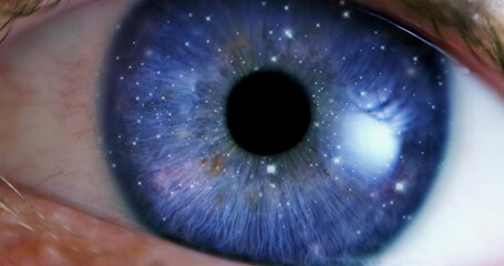VFX Transition: Camera Moving Through Extreme Close-Up Of Eye Into Animation Of Beautiful Universe in Outerspace With Planets, Stars. Visualization Of Human Nature Complexity. Inner Beauty Concept.