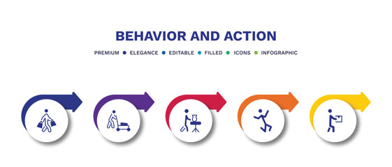 set of behavior and action filled icons. behavior and action filled icons with infographic template.flat icons such as shopper man, cutting lawn, man doing pottery, stick man jumping, stick with box