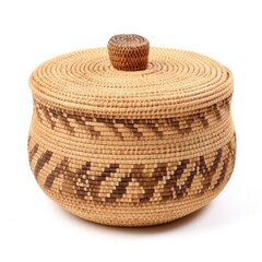  Handwoven storage basket with a lid isolated on a white background, generative ai