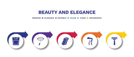 set of beauty and elegance filled icons. beauty and elegance filled icons with infographic template.flat icons such as big scale, lip gloss, bath sponge, legs, disposable razor vector.