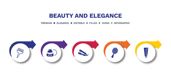 set of beauty and elegance filled icons. beauty and elegance filled icons with infographic template.flat icons such as tint brush, facial cream, flat iron, inclined hairbrush, cream tube vector.