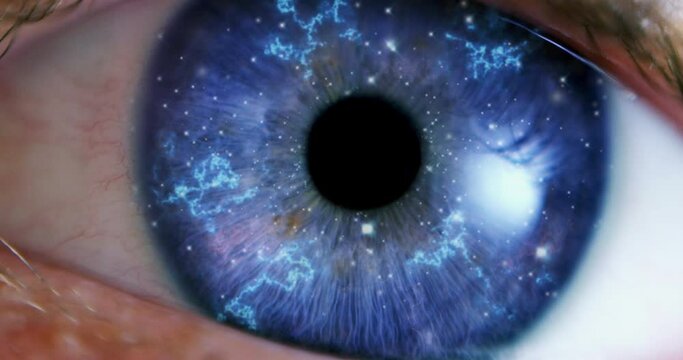 VFX Transition: Camera Moving Through Extreme Close-Up Of Eye Into Animation Of Beautiful Universe in Outerspace With Planets, Stars. Visualization Of Human Nature Complexity or Inner Beauty.