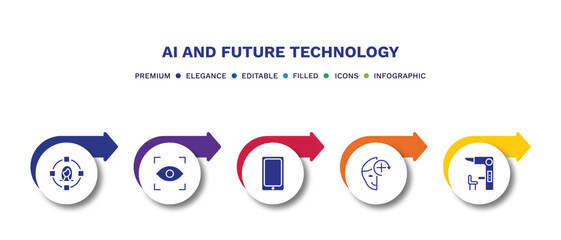 set of ai and future technology filled icons. ai and future technology filled icons with infographic template.flat icons such as immersive, eye tracking, smartphone, deformity, sensorama vector.