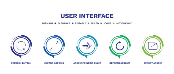set of user interface filled icons. user interface filled icons with infographic template. flat icons such as refresh button, expand arrows, arrow pointing right, refresh arrows, export arrow