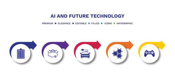 set of ai and future technology filled icons. ai and future technology filled icons with infographic template.flat icons such as check list, cloud intelligence, solar energy car, graphene, gaming