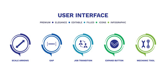 set of user interface filled icons. user interface filled icons with infographic template. flat icons such as scale arrows, gap, job transition, expand button, mechanic tool vector.