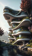 Landscape of a sci-fi futuristic vertical village residential building in nature, surrounded by lush broadleaf vegetation - Generative AI Illustration
