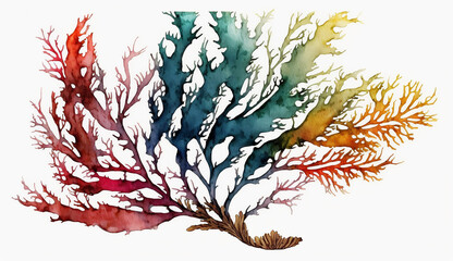 colorful seaweed hand drawn watercolor on white background. Generative AI