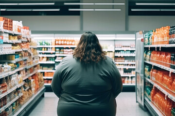 Übergewichtige Frau im Supermarkt - Generative AI - obrazy, fototapety, plakaty