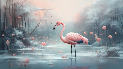 Flamingo whimsical design. Tropical background. Funny flamingo illustration.