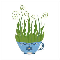 Blue mug with herbs. Hand drawn flat vector illustration. Great for posters, package, kitchen decorating.