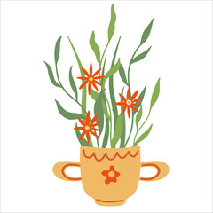 Herbal tea illustration. Wild flowers in a mug of tea decorated with heart. Hand drawn flat vector illustration isolated on white background. Great for posters, package, kitchen decorating. Summer wil