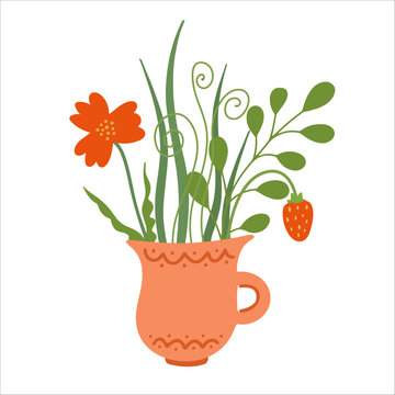 Herbal tea illustration. Wild flowers and strawberry in a mug of tea. Hand drawn flat vector illustration isolated on white background. Great for posters, package, kitchen decorating. 