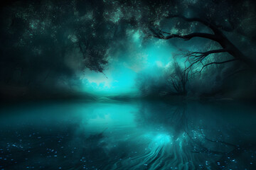 forest in the night. a mysterious and enigmatic scene.  smoke veils and night haze obscure the surroundings, and the only light source is a vibrant teal-blue color glitter dust.