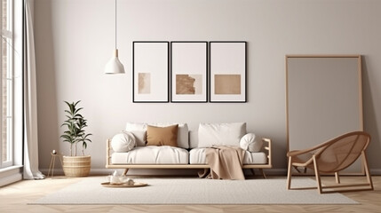 modern minimalist living room style. interior in light colours. generative AI