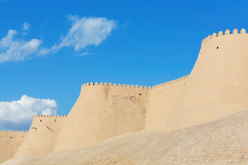 Kunya Ark, the old fortress around Ichan Kala ancient town in Khiva (Xiva), Uzbekistan. Sunny day, copy space