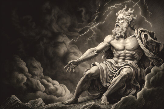 Engraved portrait of Zeus king of the gods on Mount Olympus in Greek mythology and is the god of sky and thunder who's Roman equivalent is Jupiter, computer Generative AI stock illustration image