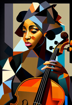 Afro-American female classical musician celloist playing a cello in an abstract cubist style painting for a music poster or flyer, computer Generative AI stock illustration image