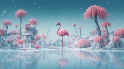 Flamingo whimsical design. Tropical background. Funny flamingo illustration.