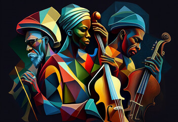 Afro-American female and male classical musician orchestra playing a cello in an abstract cubist style painting for a music poster or flyer, computer Generative AI stock illustration image - obrazy, fototapety, plakaty