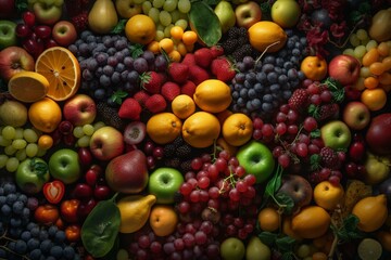 Seamless tiled fruit and vegetable background texture. Generative AI